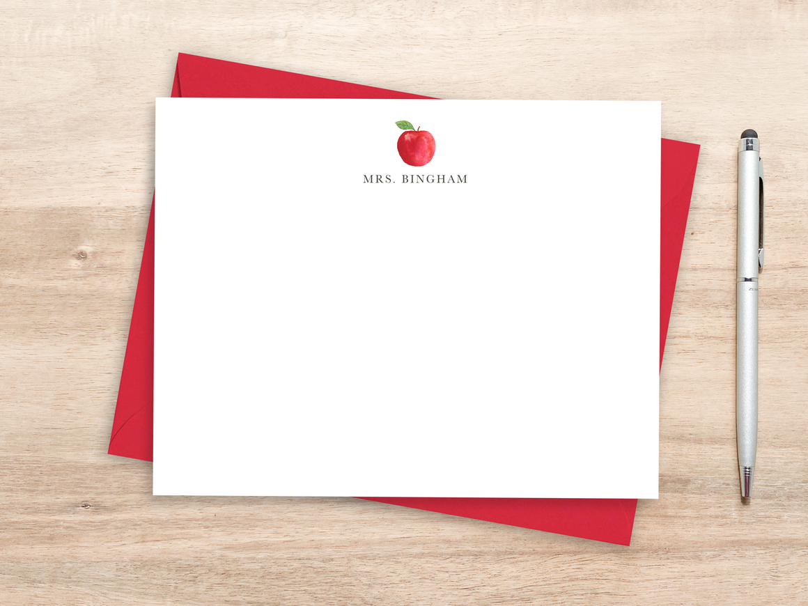 Personalized Notecard Set - Watercolor Apple Design