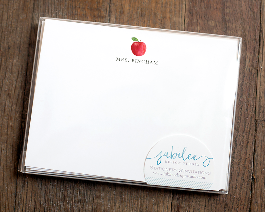 Personalized Notecard Set - Watercolor Apple Design